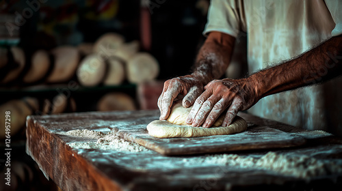A baker's hands shaping dough on a floured wooden surface in an African artisan bakery, surrounded by a blurry image of the bakery.