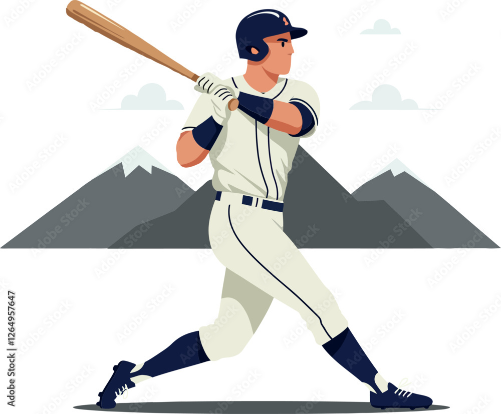 Fototapeta premium Baseball player swinging bat in flat and minimal vector art
