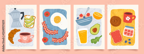 Hand drawn breakfast illustrations. Abstract trendy posters with coffee, fried egg, bacon, citrus juice, avocado, tomato, toast in jam. Minimalist prints for wall decor, restaurant menu, kitchens.