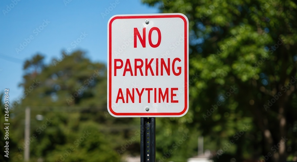 No Parking Anytime Sign on Pole with Green Trees Background No Parking Anytime Sign on Pole with Green Trees Background