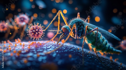 A high-resolution image of an Aedes aegypti mosquito on human skin, with a microscopic view of the virus particles emerging from the mosquitos mouthparts  photo