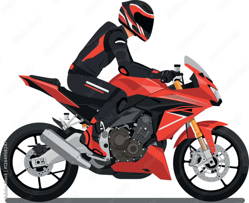 Red motorcycle with rider in flat minimal vector art style Red motorcycle with rider in flat minimal vector art style