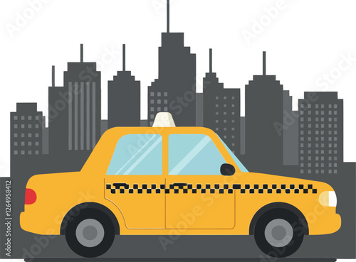 Yellow taxi cab in city skyline flat vector art