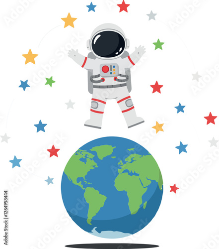 Astronaut jumping above Earth with colorful stars in flat vector art