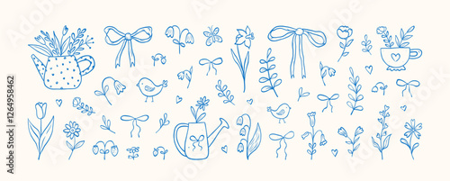 Vintage collection hand drawn spring cute elements. Minimalist sketch line art. Flowers, bows, floral decor, blossom garden, watering can, leaves and herb, bird and butterfly. Vector illustration.
