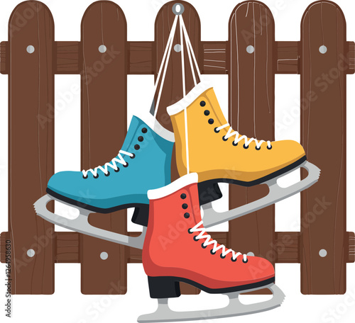 Colorful ice skates hanging on a wooden fence vector art