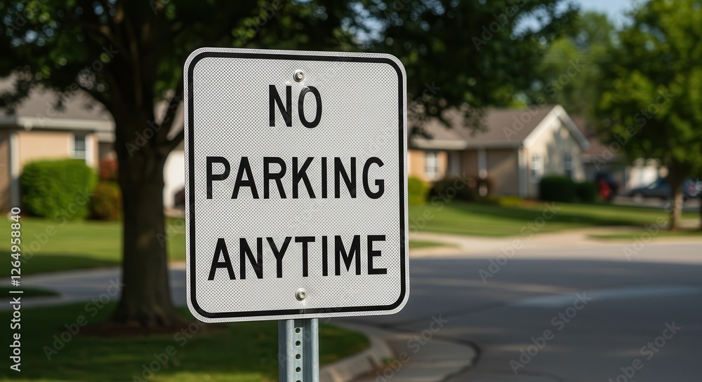 No Parking Anytime Sign on Suburban Street Corner with Greenery No Parking Anytime Sign on Suburban Street Corner with Greenery