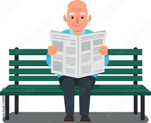 Elderly man sitting on a green bench reading newspaper flat vector illustration