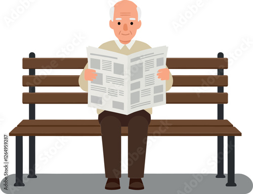 Elderly man reading newspaper on park bench in flat vector art