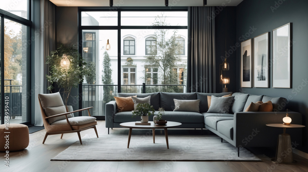 Stylish Scandinavian lounge interior with gray neutral sofa clean modern design and large windows that let in an abundance of natural light Modern Interior Design Inspiration Stylish Scandinavian lounge interior with gray neutral sofa clean modern design and large windows that let in an abundance of natural light Modern Interior Design Inspiration