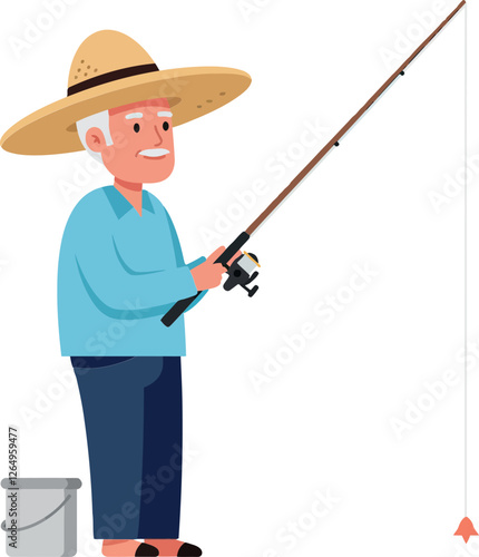 Happy elderly man fishing with bucket in flat vector art
