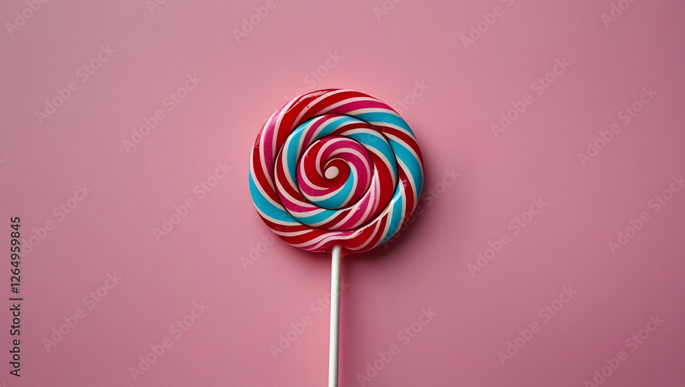 Red lollipop with white and blue stripes on a pink background Red lollipop with white and blue stripes on a pink background