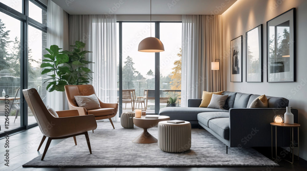 Fototapeta premium Tranquil Scandinavian lounge interior with gray neutral couch modern design and large windows letting in natural daylight and creating an open atmosphere Modern Interior Design Inspiration