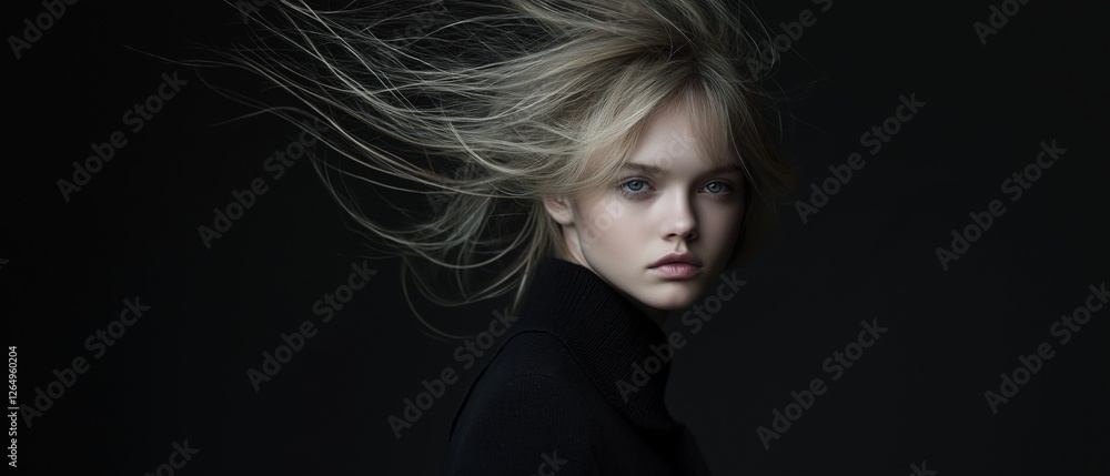 Portrait of a young woman with blonde hair that is blowing in the wind. the woman is facing the camera with a serious expression on her face. Portrait of a young woman with blonde hair that is blowing in the wind. the woman is facing the camera with a serious expression on her face.