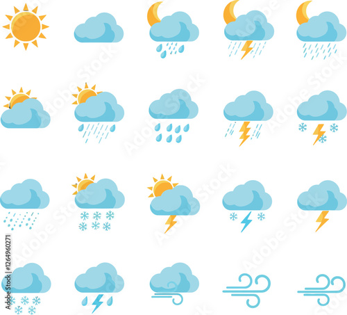 Weather icons depicting various conditions in flat vector art