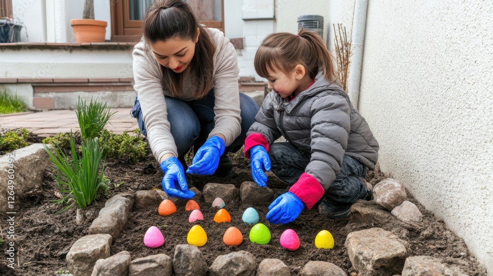Naklejka premium A woman and a child are playing with eggs in a garden