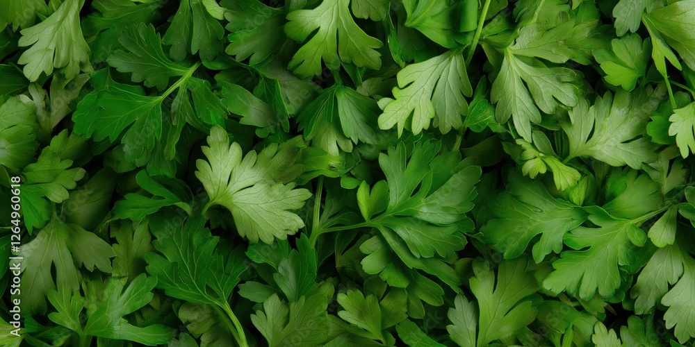 A close up of green parsley leaves. The leaves are fresh and crisp, and they are arranged in a way that makes them look like they are growing out of the ground. Concept of freshness and vitality A close up of green parsley leaves. The leaves are fresh and crisp, and they are arranged in a way that makes them look like they are growing out of the ground. Concept of freshness and vitality