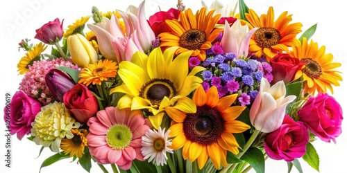 High-definition bouquet photography showcases a stunning array of colorful flowers on white.