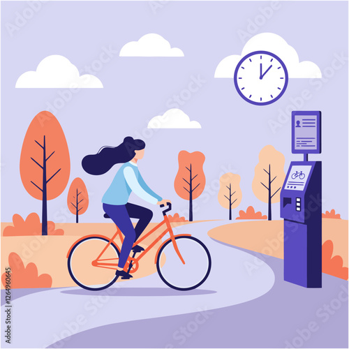 Woman Riding Bicycle in Park Near Rental Station with Clock