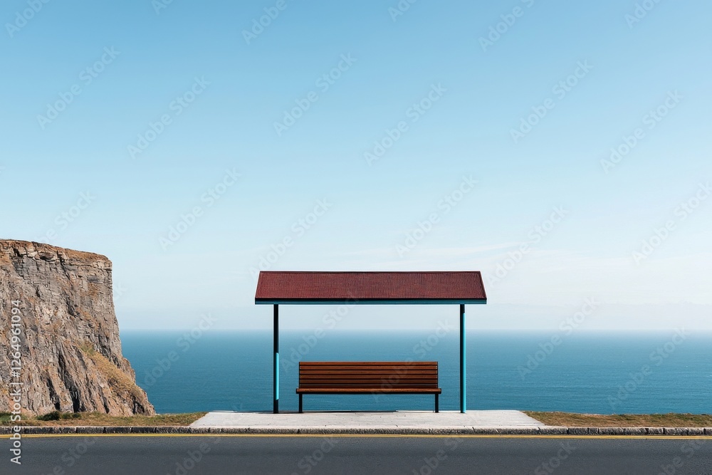 Minimalist and peaceful coastal bus stop design with a serene ocean horizon view This tranquil public transportation shelter sits along a scenic coastal road Minimalist and peaceful coastal bus stop design with a serene ocean horizon view This tranquil public transportation shelter sits along a scenic coastal road