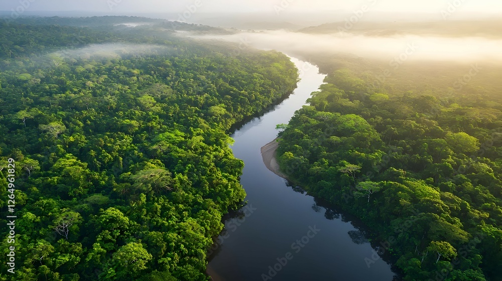 Aerial View of Lush Green Rainforest with River at Sunrise Aerial View of Lush Green Rainforest with River at Sunrise