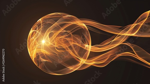 An abstract design of a glowing orange orb with streaks of light streaming away from it against a black background.