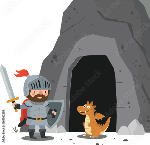 Knight and Dragon Encountering Cave Entrance in Flat Vector Art