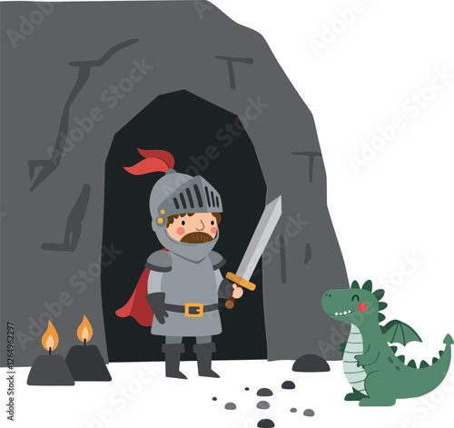 Knight standing bravely before a friendly dragon in flat vector art