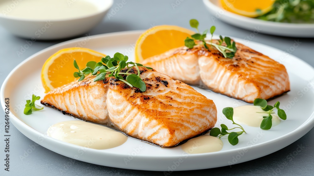 Delicious grilled salmon fillets garnished with microgreens and orange slices on a white plate. Delicious grilled salmon fillets garnished with microgreens and orange slices on a white plate.