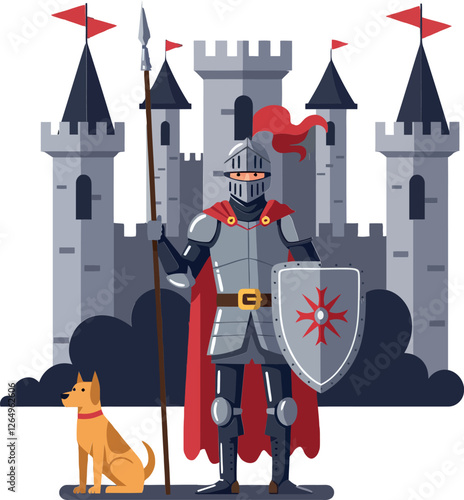 Knight in armor with spear and dog in flat vector art