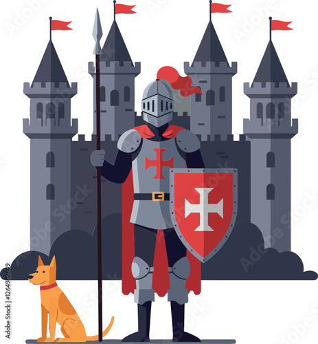 Knight in armor with dog standing in front of castle vector art