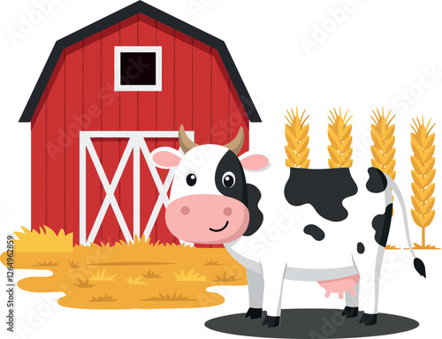 Happy cow standing beside a red barn in flat vector art