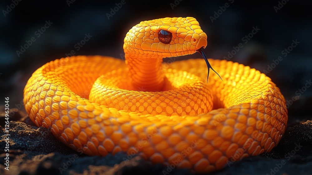 Fototapeta premium Golden snake coiled, dark background, wildlife