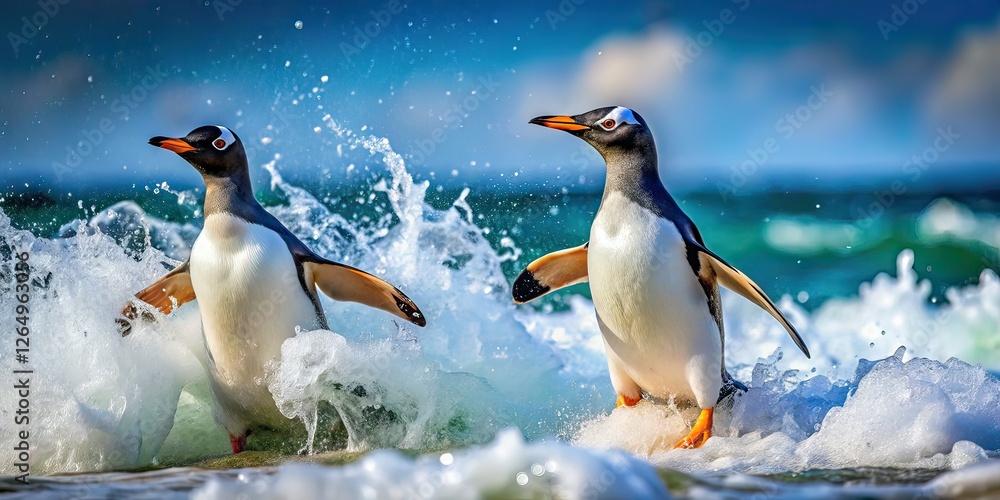 Fototapeta premium Gentoo Penguins Emerging from Ocean Waves - High Definition