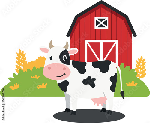 Cute cow standing in front of a red barn in flat vector art