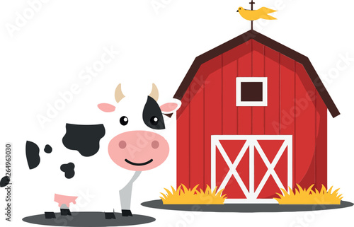Cute cartoon cow standing next to a red barn in flat vector art