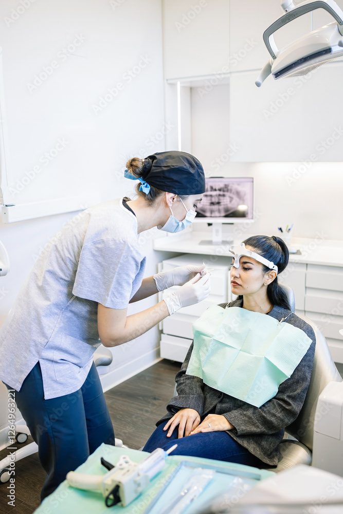 Fototapeta premium A woman is getting her teeth cleaned by a dentist
