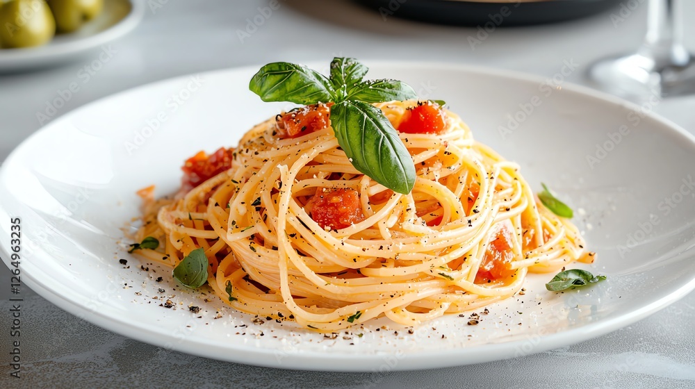 Delicious pasta dish served with fresh basil and tomato sauce on a white plate. Delicious pasta dish served with fresh basil and tomato sauce on a white plate.