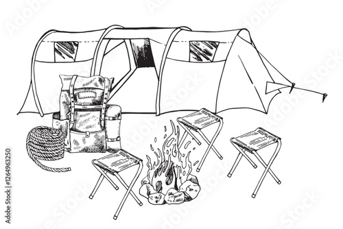 hand drawing sketch camping tent and bonfire backpack, rope. Hiking vector illustration. pleasure time in wild nature . Composition of holiday .