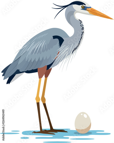 Heron standing gracefully beside its egg in flat, colorful design vector art