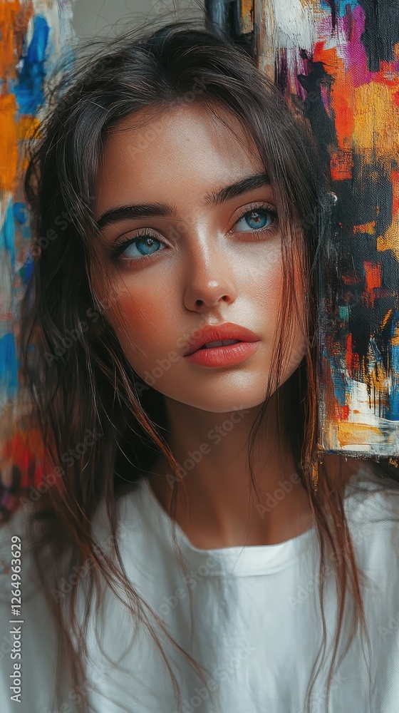 Captivating portrait of a young woman with striking blue eyes against a colorful abstract background