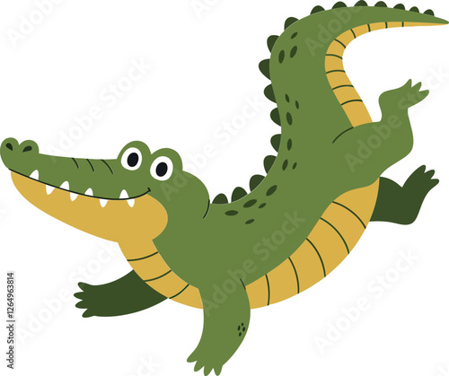 Playful crocodile character in vibrant colors with flat design style showcasing joyful expression in vector illustration