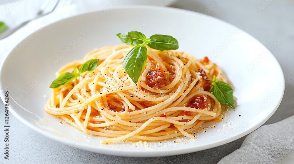 Delicious spaghetti pasta with fresh basil and tomato sauce on a white plate, perfect for an Italian meal. Delicious spaghetti pasta with fresh basil and tomato sauce on a white plate, perfect for an Italian meal.