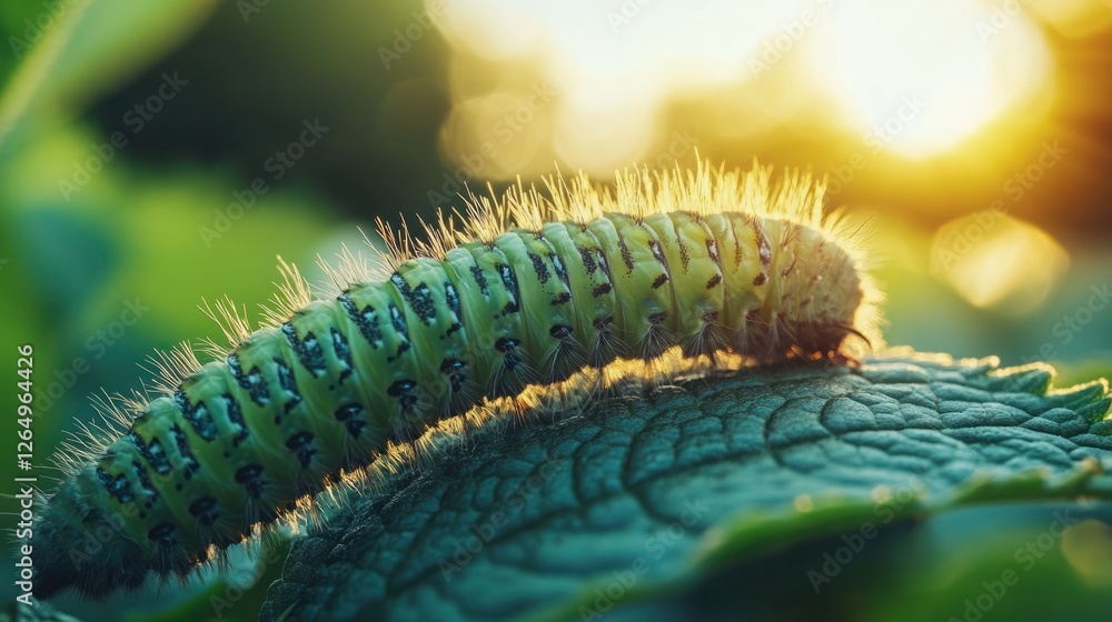 Fototapeta premium Green caterpillar sunset leaf nature macro