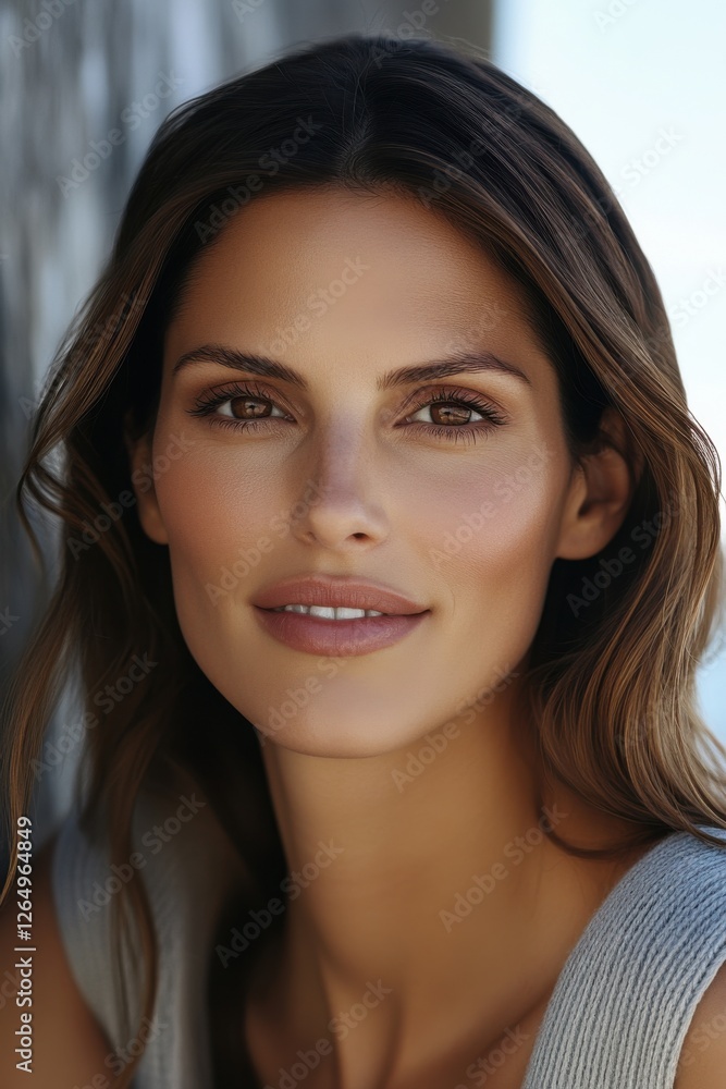 Portrait of a woman with long hair smiling softly against a natural background during daylight Portrait of a woman with long hair smiling softly against a natural background during daylight
