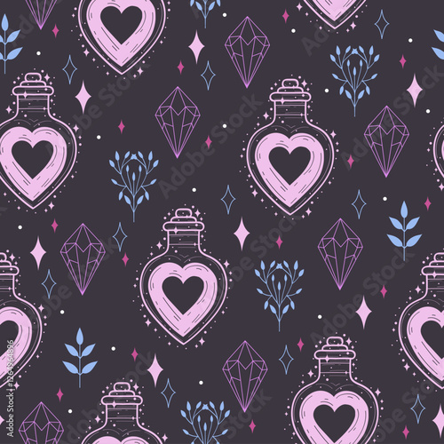 Seamless vector pattern with love potion, hearts, crystals, and plants. Pastel color witchy mystical background.