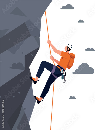 Climber ascending steep rock face in flat design style showcasing determination and adventure vector art