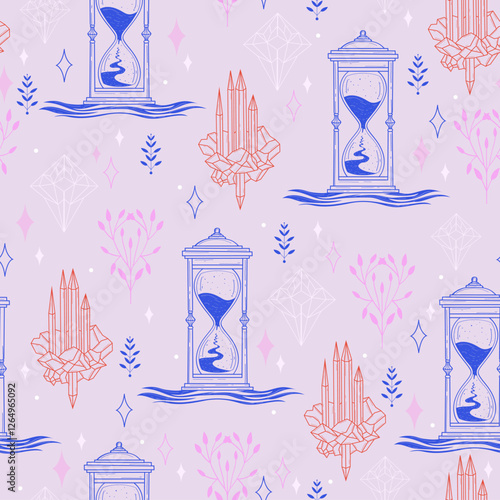 Seamless vector pattern with hourglass, crystals, and plants. Pastel color witchy mystical background.
