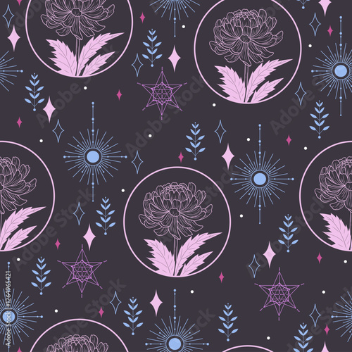 Seamless vector pattern with flowers, stars, pentacles, and peonies. Pastel color witchy mystical background.