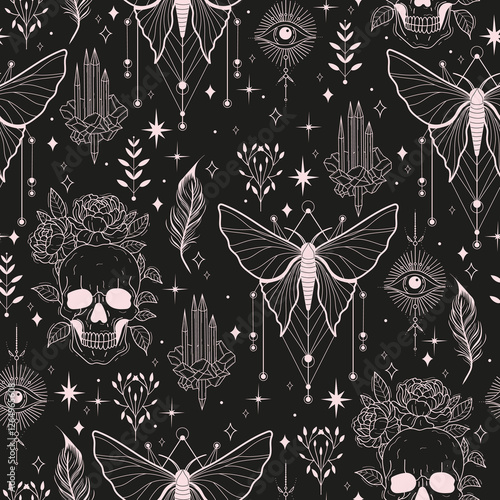 Seamless vector pattern with skull, flowers, crystal, and eyes. Pastel color witchy mystical background.